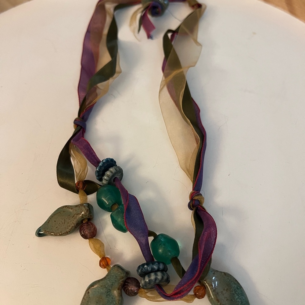 Handmade Artisan silk ribbon cord and ceramic bead necklace